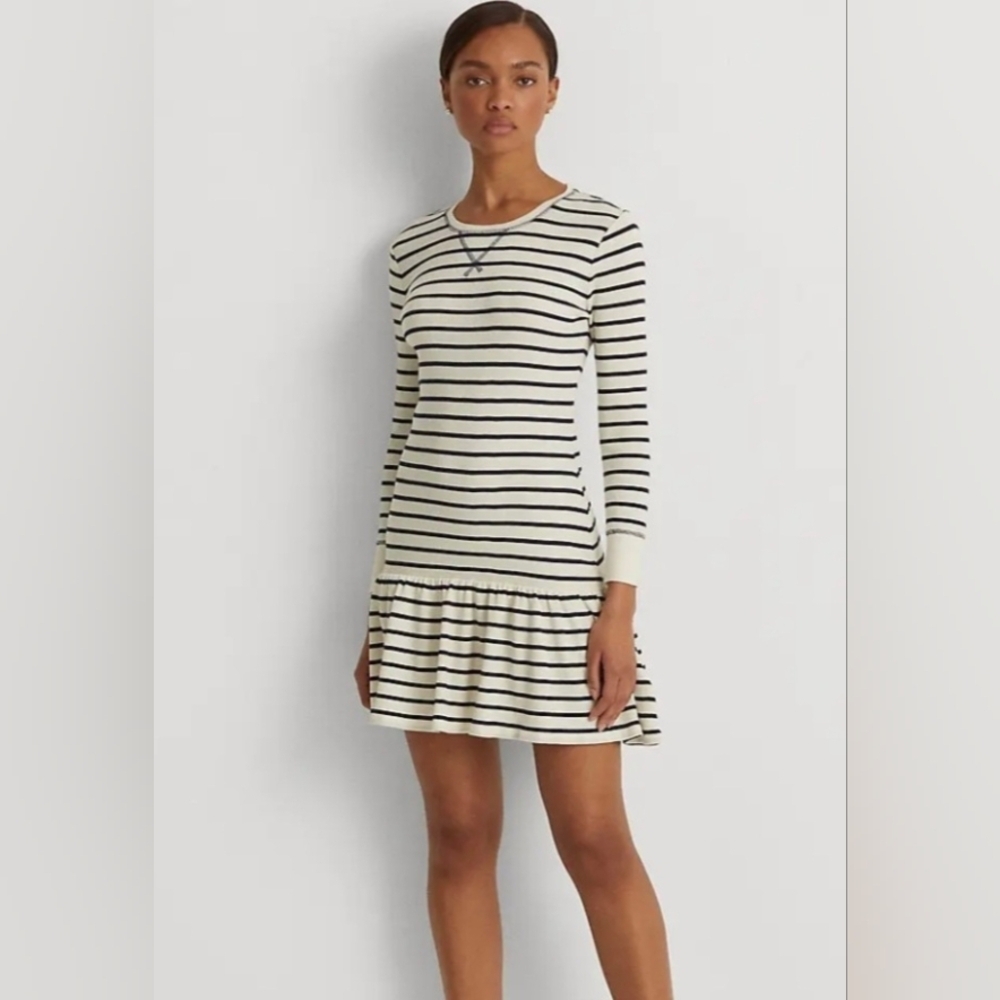 Polo Ralph Lauren Striped Waffle-knit Drop-waist Dress Cream/French Navy Large